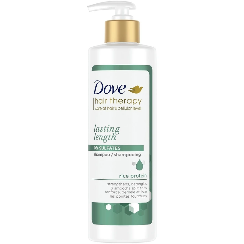 Shampooing pour démêler et lisser les pointes fourchues Dove Hair Therapy Lasting Length shampooing fortifiant pour cheveux endommagés avec protéine de riz