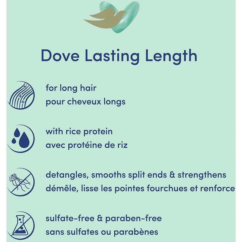 Shampooing pour démêler et lisser les pointes fourchues Dove Hair Therapy Lasting Length shampooing fortifiant pour cheveux endommagés avec protéine de riz