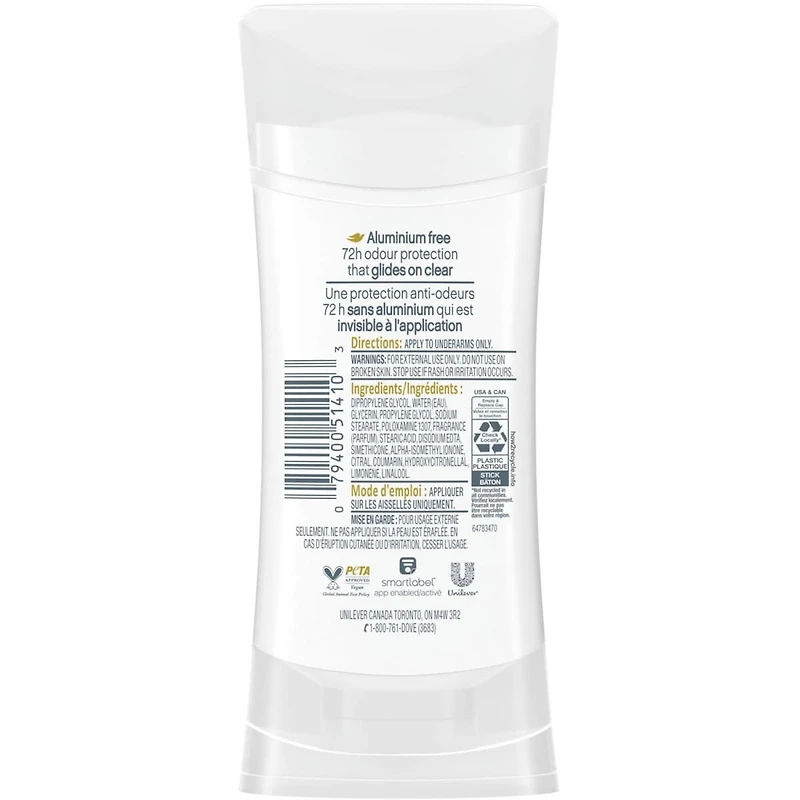 Déodorant pour Femmes avec 1/4 d'hydratants, Dove Sans Aluminium Fruit du Dragon & Crème de Noix de Coco, Protection contre les odeurs pendant 72h, 74 g