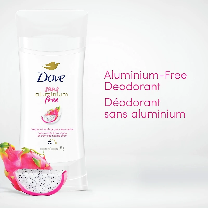 Déodorant pour Femmes avec 1/4 d'hydratants, Dove Sans Aluminium Fruit du Dragon & Crème de Noix de Coco, Protection contre les odeurs pendant 72h, 74 g