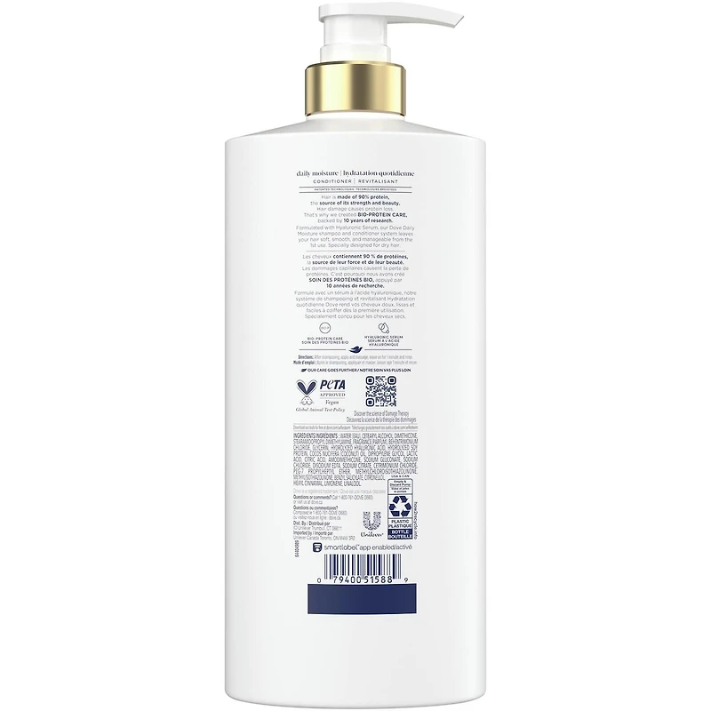 Revitalisant pour Cheveux Secs Dove Hydratation Quotidienne avec Soin Bio Protéine Liquide et Sérum d'Acide Hyaluronique