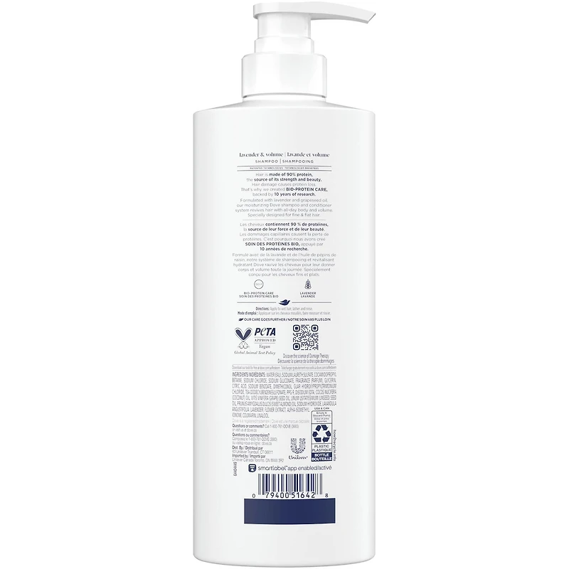 Shampooing pour Cheveux Fins et Plats, Dove Lavande et Volume  avec Soin Bio-Protéine Liquide, 530 ML