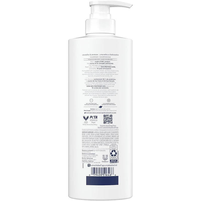Shampooing pour Cheveux Ternes et Secs, Dove Concombre Hydratant avec Soin Bio-Protéine Liquide