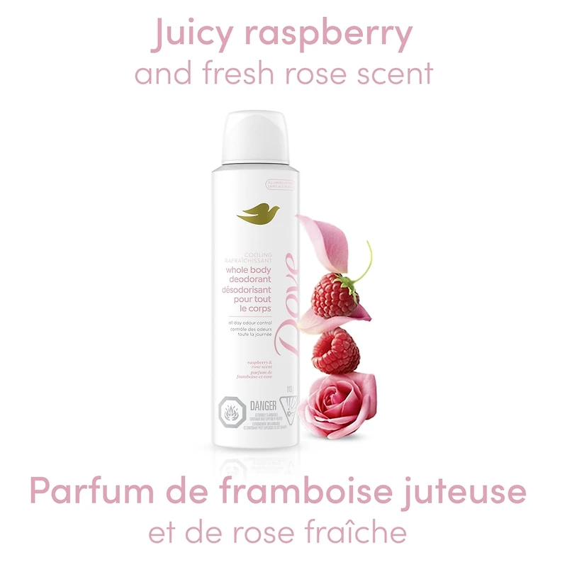 Dove Aluminum Free Whole Body Deodorant Cooling Dry Spray Raspberry & Rose Scent, 113g
