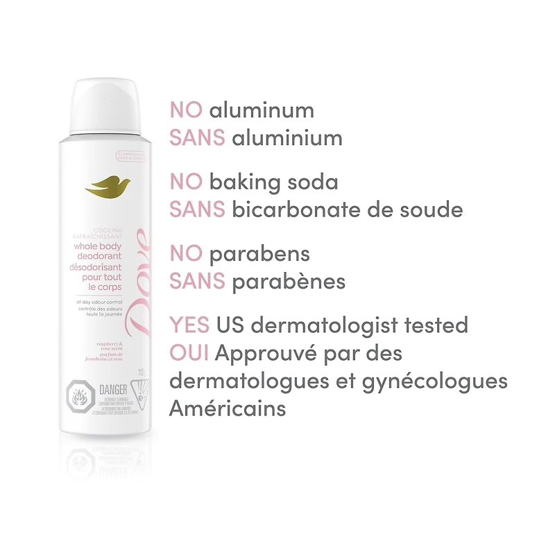 Dove Aluminum Free Whole Body Deodorant Cooling Dry Spray Raspberry & Rose Scent, 113g