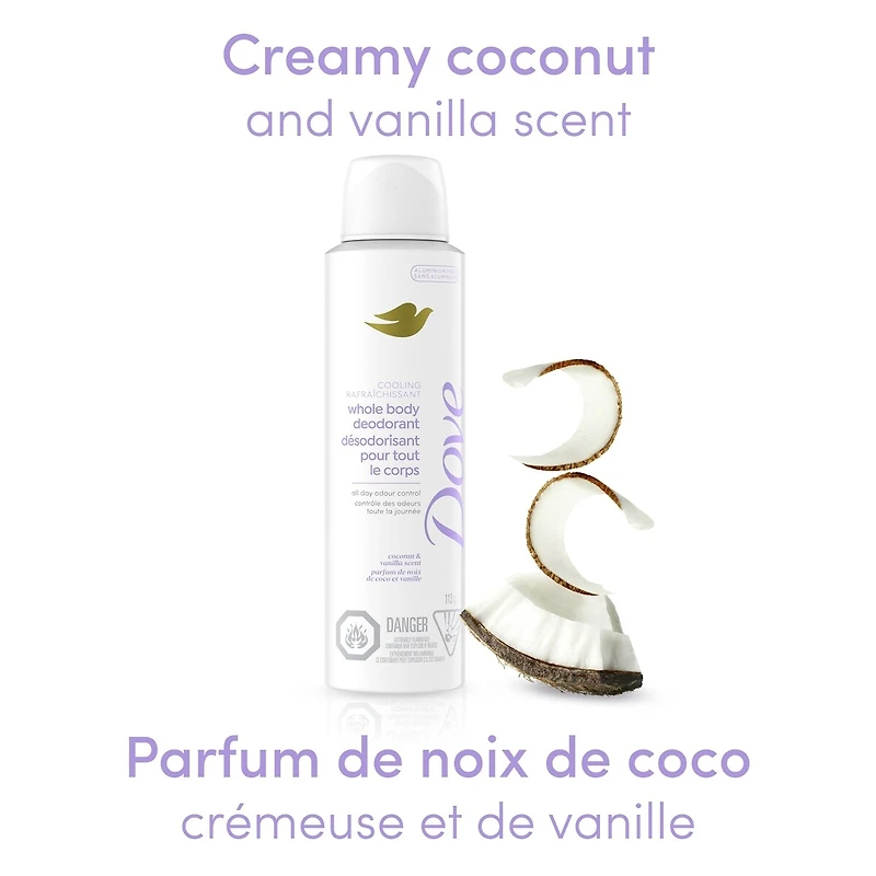 Dove Aluminum Free Whole Body Deodorant Cooling Dry Spray Coconut & Vanilla, 113g