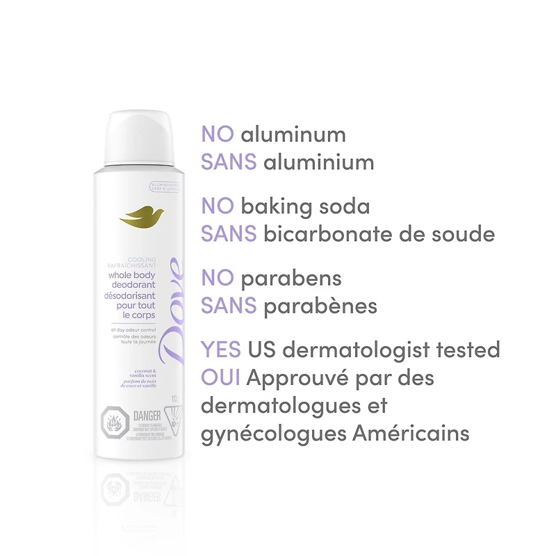 Dove Aluminum Free Whole Body Deodorant Cooling Dry Spray Coconut & Vanilla, 113g