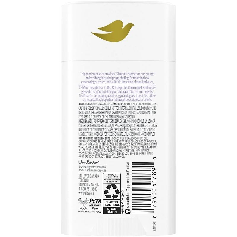 Dove Aluminum Free Whole Body Deodorant Anti-Friction Stick Coconut & Vanilla Scent, 74g