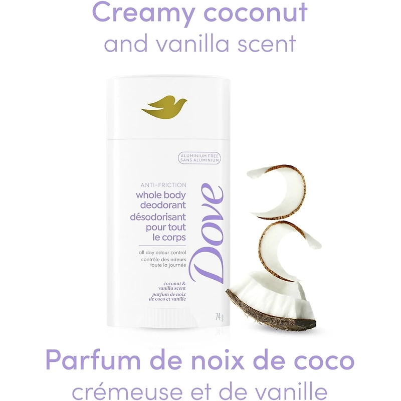 Dove Aluminum Free Whole Body Deodorant Anti-Friction Stick Coconut & Vanilla Scent, 74g