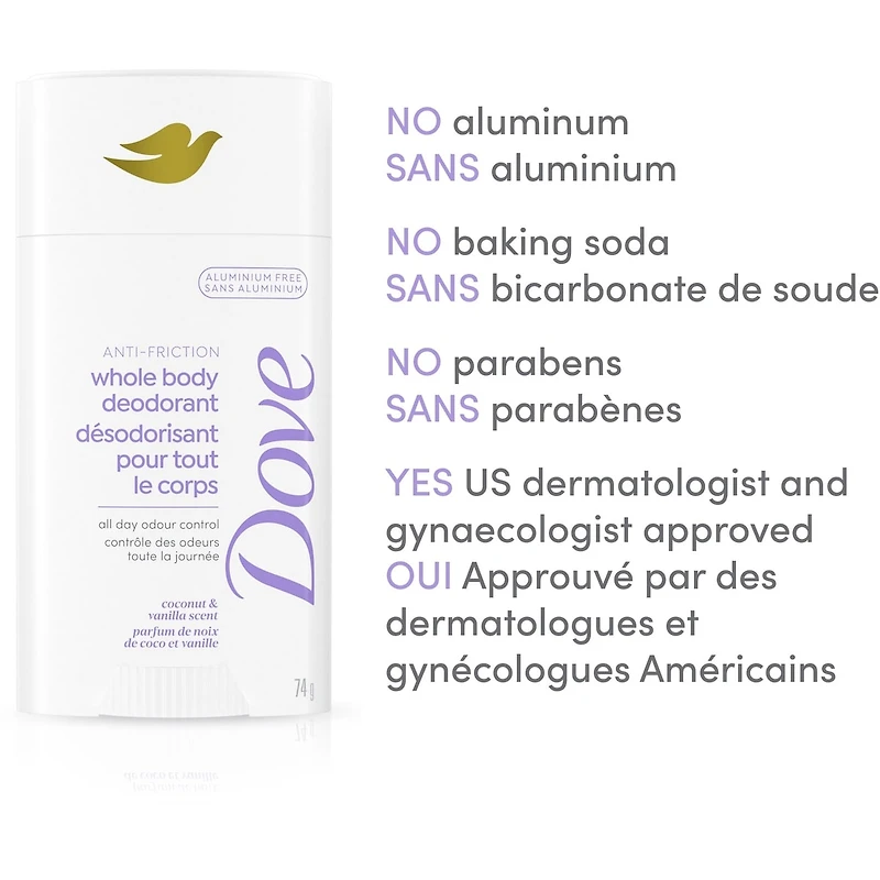 Dove Aluminum Free Whole Body Deodorant Anti-Friction Stick Coconut & Vanilla Scent, 74g
