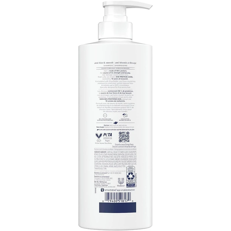 Shampooing pour cheveux frisés Dove Anti-Frisottis et Lissage avec Soin Bio-Protéine Liquide et Beurre de Karit