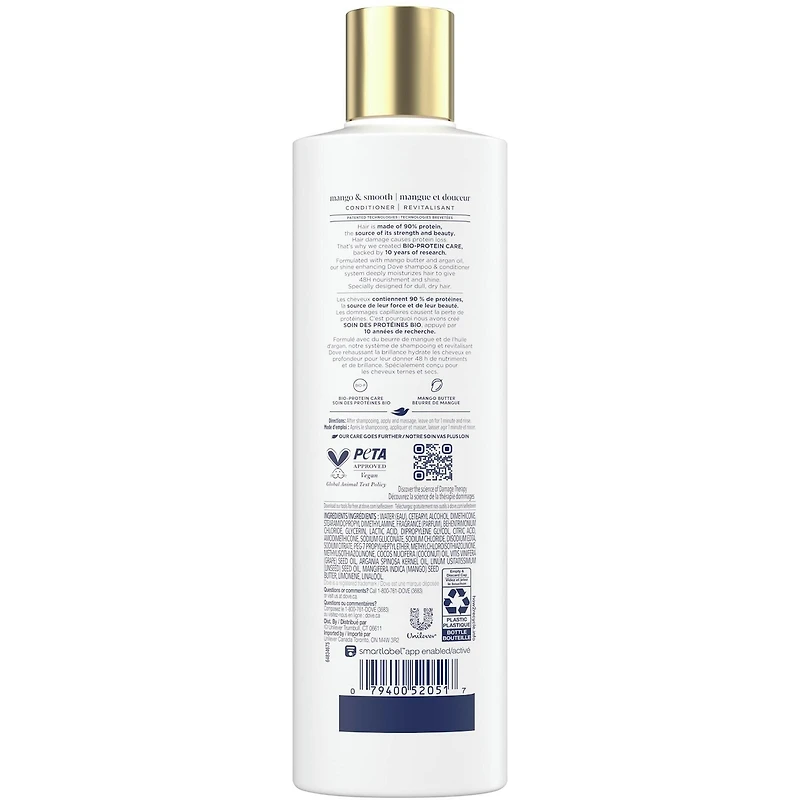 Revitalisant pour cheveux ternes et secs, Dove Mangue et Douceur  avec technologie Soin Bio-Protéine Liquide, 355 ML