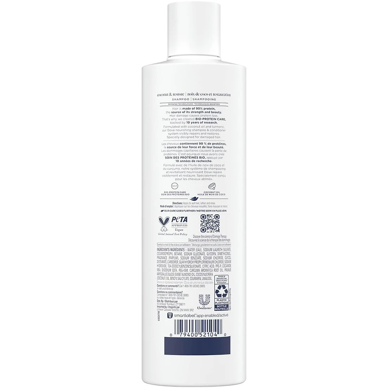Shampoing pour Cheveux Abîmés, Dove Huile de Coco & Restauration  avec Soin Bio-Protéine Liquide, 355 ML
