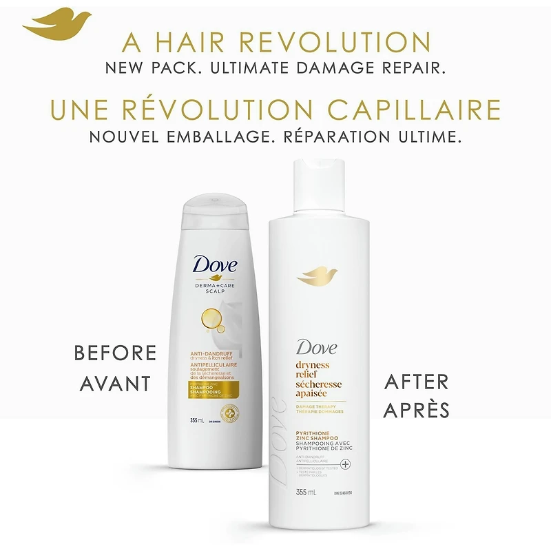 Shampoing pour cuir chevelu sec et irrité, Dove Soulagement de la Sécheresse et des Démangeaisons  avec technologie Soin Bio-Protéine Liquide, 355 ML