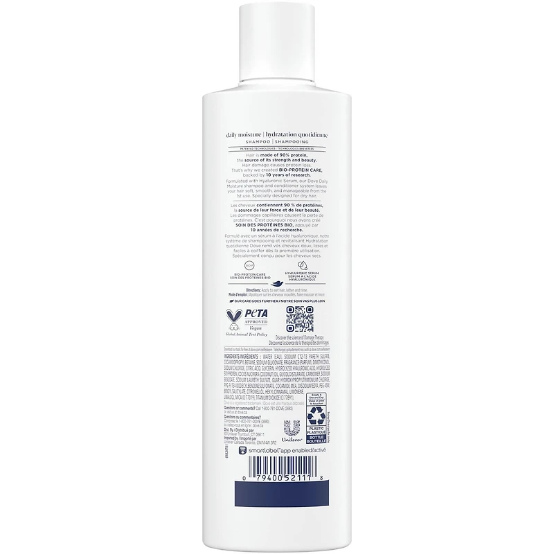 Shampooing pour Cheveux Secs Dove Hydratation Quotidienne  avec Soin Bio Protéine Liquide et Sérum d'Acide Hyaluronique, 355 ML