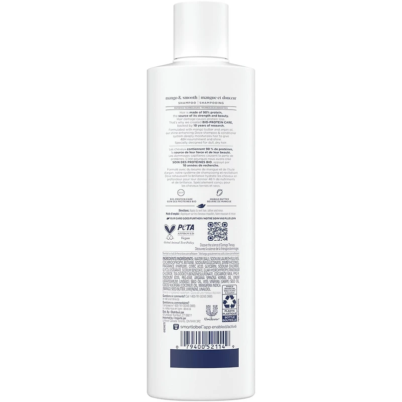 Shampoing pour cheveux ternes et secs, Dove Mangue et Douceur  avec technologie Soin Bio-Protéine Liquide, 355 ML