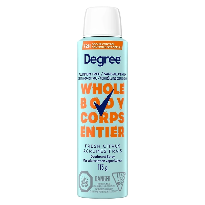 Degree Women Whole Body Deodorant Spray, Fresh Citrus Scent, Aluminum Free 72H Odour Protection, 113g