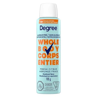 Degree Women Whole Body Deodorant Spray, Fresh Citrus Scent, Aluminum Free 72H Odour Protection, 113g