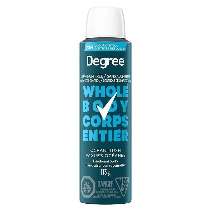 Degree Men Men Whole Body Deodorant Spray, Ocean Rush Scent, Aluminum Free 72H Odour Protection, 113g