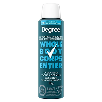 Degree Men Men Whole Body Deodorant Spray, Ocean Rush Scent, Aluminum Free 72H Odour Protection, 113g