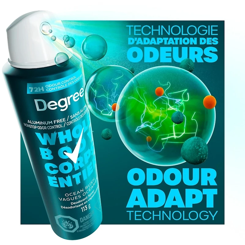 Degree Men Men Whole Body Deodorant Spray, Ocean Rush Scent, Aluminum Free 72H Odour Protection, 113g