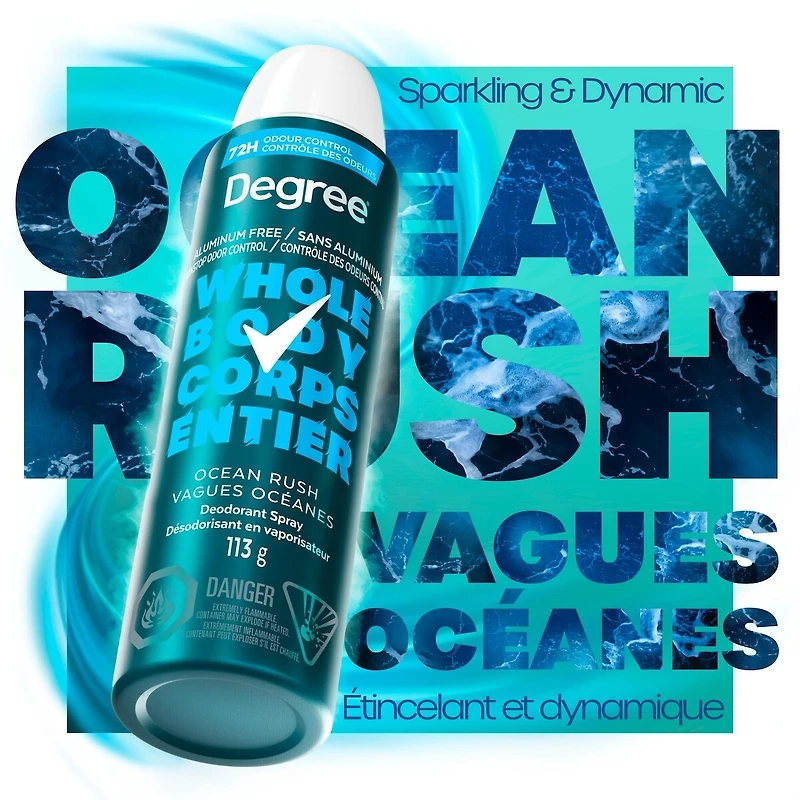 Degree Men Men Whole Body Deodorant Spray, Ocean Rush Scent, Aluminum Free 72H Odour Protection, 113g