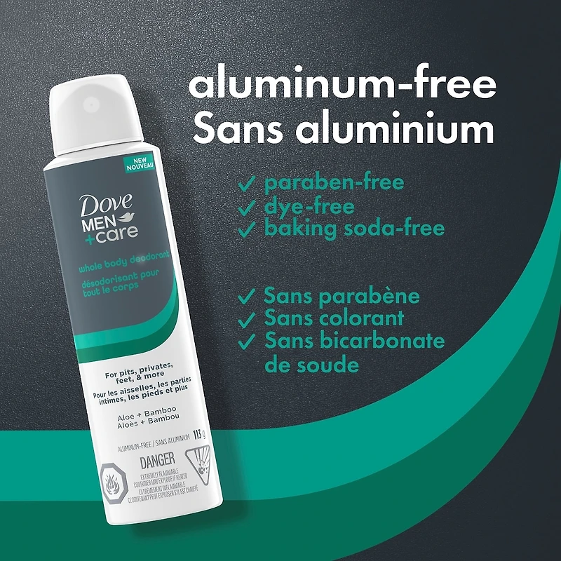 Dove Men+Care Whole Body Spray, Aluminum-Free Deodorant, Aloe & Bamboo Suitable from Pits, Privates, to Feet 113 g