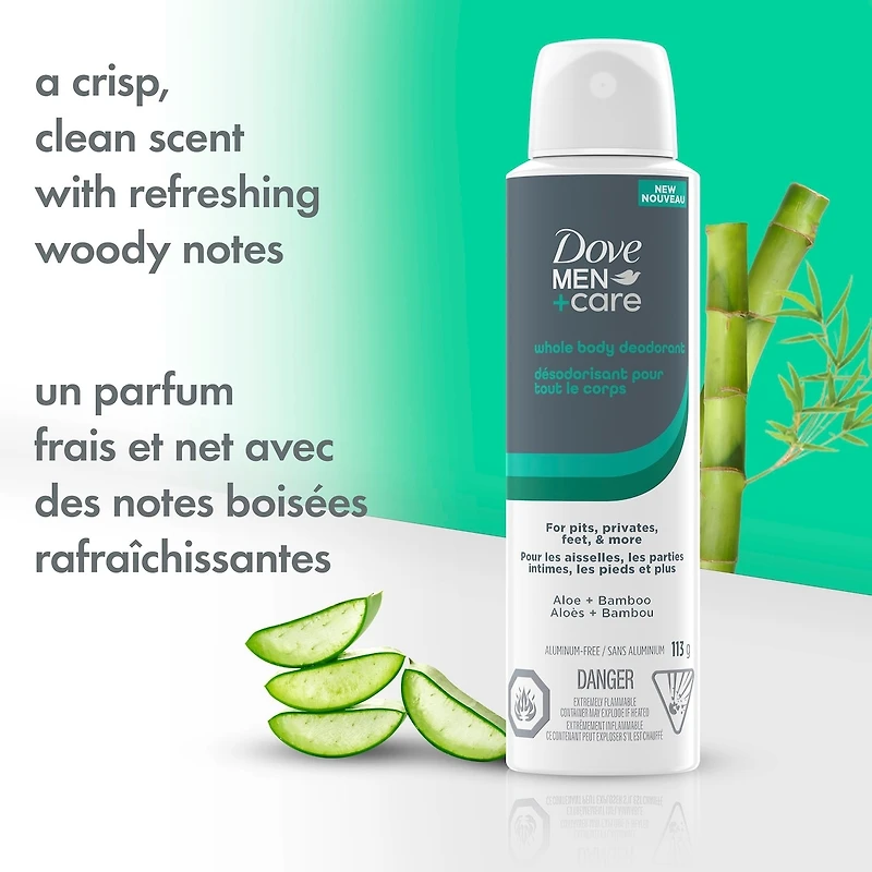 Dove Men+Care Whole Body Spray, Aluminum-Free Deodorant, Aloe & Bamboo Suitable from Pits, Privates, to Feet 113 g