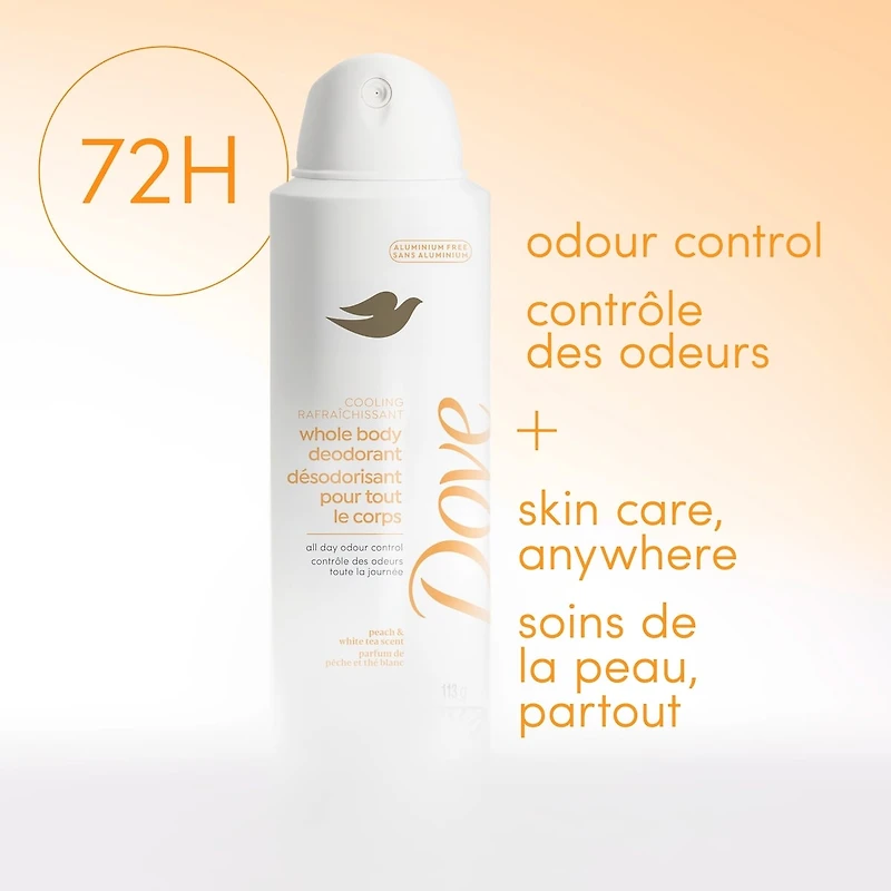 Dove Whole Body Deodorant Deodorant Spray Cooling Spray Peach & White Tea Aluminum Free 113 g