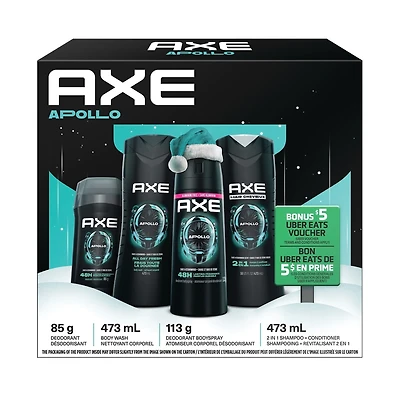Ensemble-cadeau Apollo - Comprend un atomiseur corporel Apollo, un nettoyant corporel Apollo, un shampooing et revitalisant 2-en-1 Apollo, et un désodorisant en bâton Apollo AXE