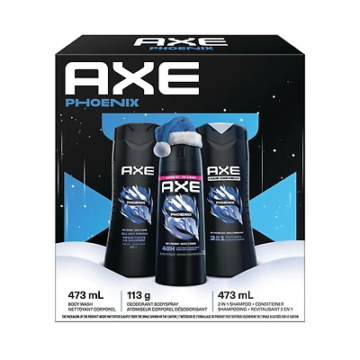 Ensemble-cadeau des Fêtes, comprenant : nettoyant corporel AXE Phoenix, atomiseur corporel AXE Phoenix et shampooing et revitalisant 2-en-1 AXE Phoenix, AXE Phoenix ensemble de 3 pièces