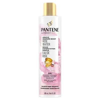 Shampooing hydratation amplifiée miracle Pantene Nutrient Blends avec eau de rose pour les cheveux secs, sans sulfate, 285 mL