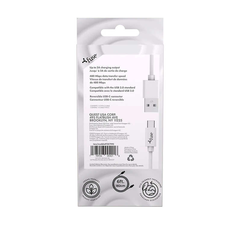 6Ft USB A To USB C Silicone Charging Cable - White