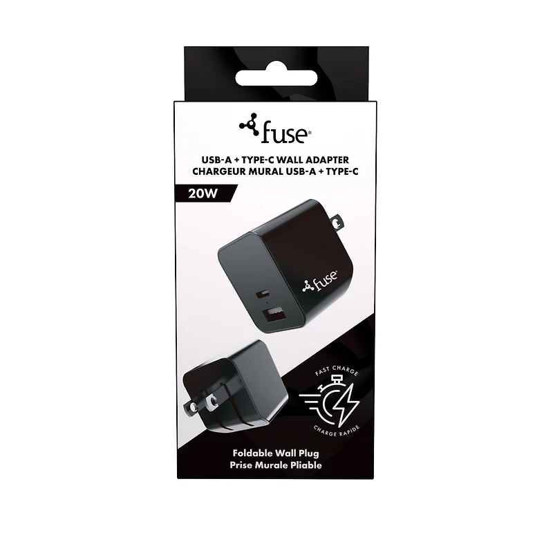 20W Dual Port 1 USB C 1 USB A Wall Adpater - Black