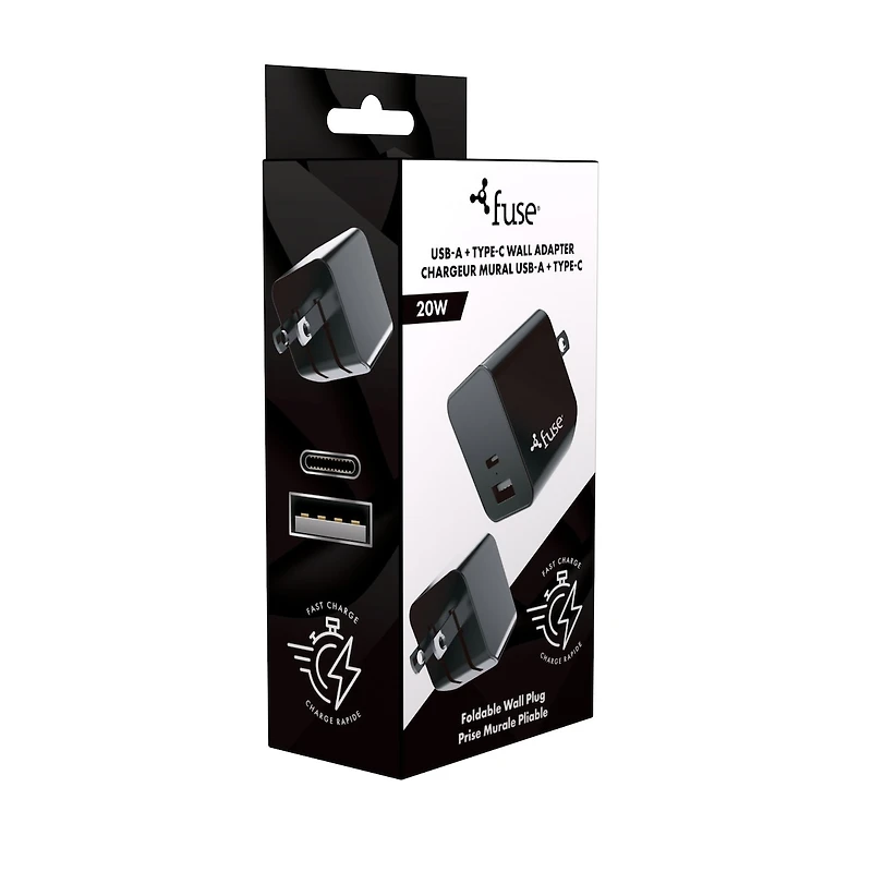 20W Dual Port 1 USB C 1 USB A Wall Adpater - Black