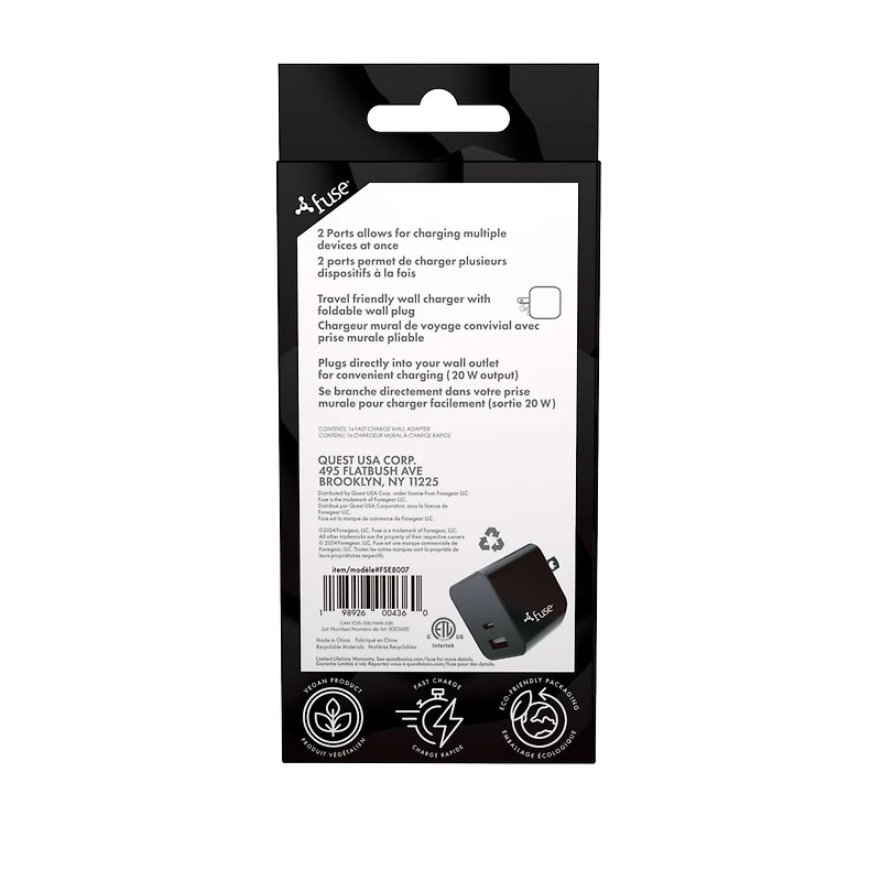 20W Dual Port 1 USB C 1 USB A Wall Adpater - Black