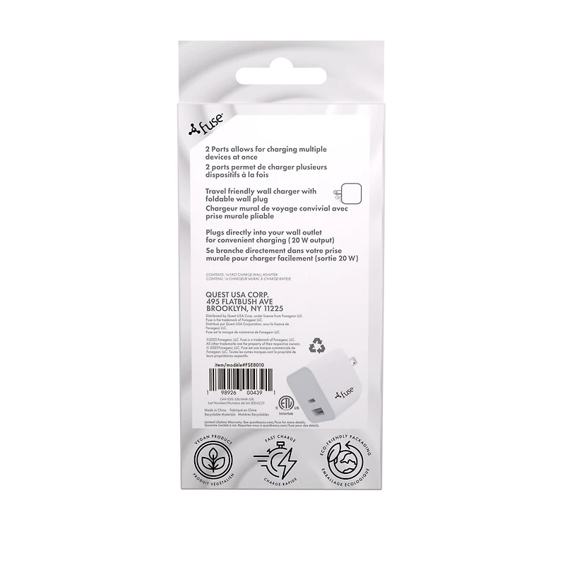 20W Dual Port 1 USB C 1 USB A Wall Adapter - White