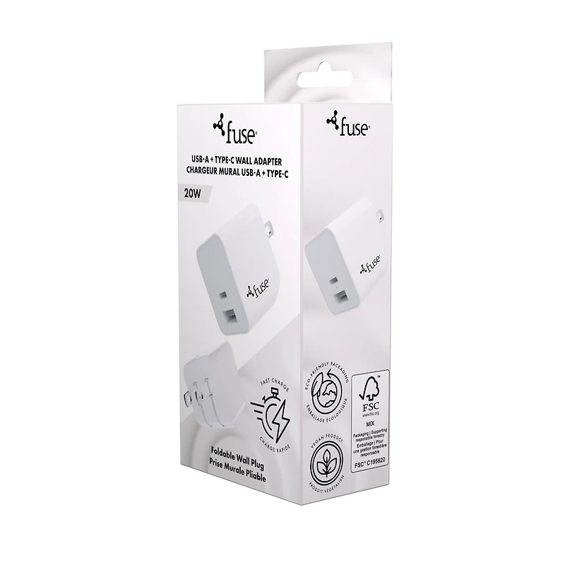 20W Dual Port 1 USB C 1 USB A Wall Adapter - White