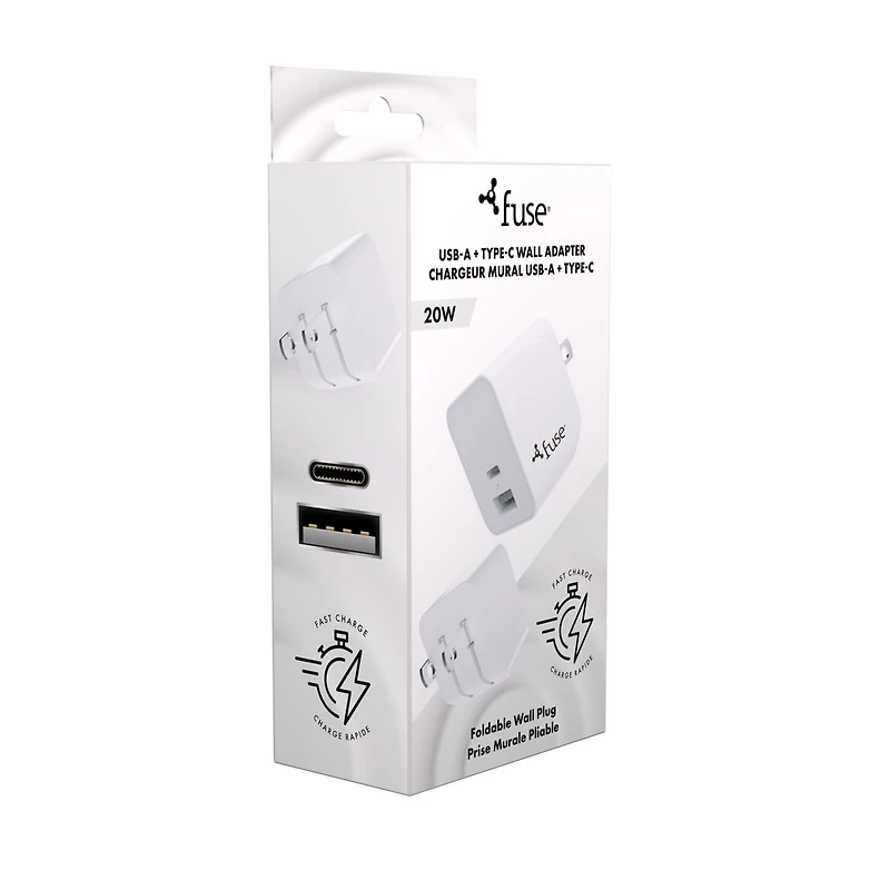 20W Dual Port 1 USB C 1 USB A Wall Adapter - White