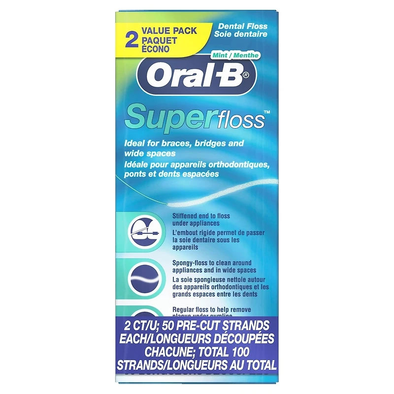 Oral-B Super Floss Pre-Cut Strands Dental Floss, Mint, 50 Count, Pack of 2