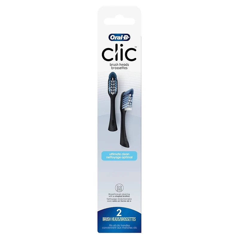 Clic Toothbrush Ultimate Clean Replacement Brush Heads, Black, 2 Count