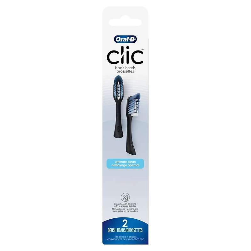 Clic Toothbrush Ultimate Clean Replacement Brush Heads, Black, 2 Count