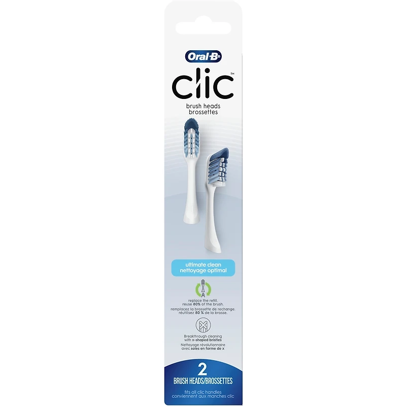 Brossettes de rechange pour brosse à dents Clic, Nettoyage optimal, blanc, 2 unités