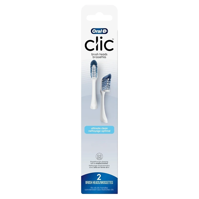 Clic Toothbrush Ultimate Clean Replacement Brush Heads, White, 2 Coun