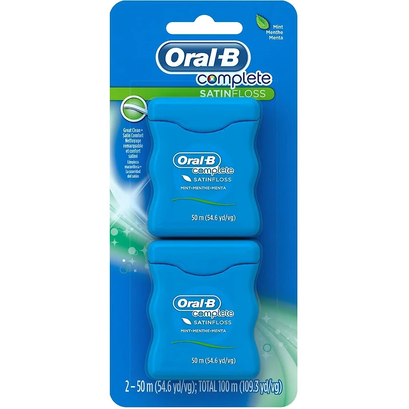 Soie dentaire Oral-B Complete SatinFloss Dental FlossSatinFloss, menthe, 50 m, emballage de 2