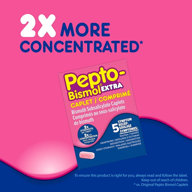 Comprimés Pepto Bismol Extra fort pour soulager la nausée, les brûlures d’estomac, l’indigestion, les malaises gastriques et la diarrhée, saveur originale