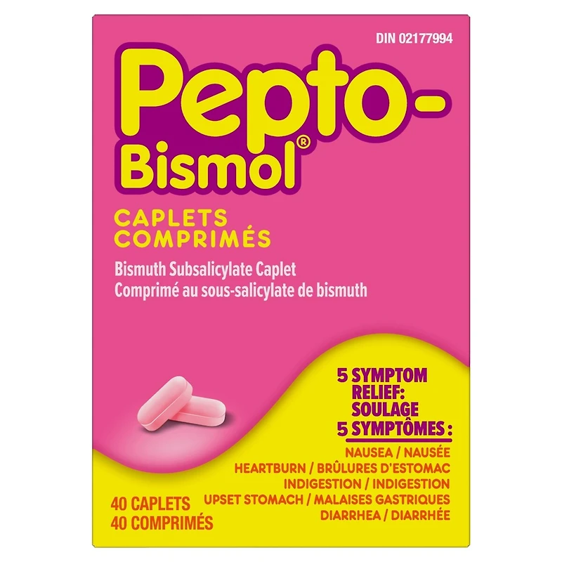 Pepto Bismol, soulagement rapide de 5 symptômes des malaises gastriques, comprimés, 40 unités