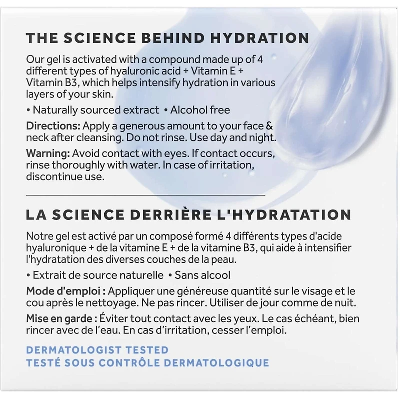 Gel hydratant visage à l'Acide Hyaluronique, Vitamine E et B3 pour 24 heures d'hydratation et une peau lumineuse