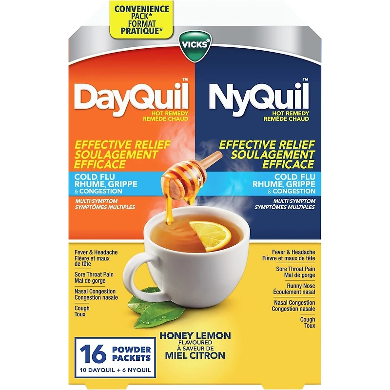 Remède chaud DayQuil/NyQuil, soulage les symptômes du rhume, grippe, congestion, format pratique, jour/nuit, soulage la fièvre, maux de tête, mal de gorge, congestion nasale et toux, action multiple, saveur miel citron