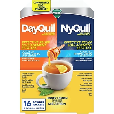Remède chaud DayQuil/NyQuil, soulage les symptômes du rhume, grippe, congestion, format pratique, jour/nuit, soulage la fièvre, maux de tête, mal de gorge, congestion nasale et toux, action multiple, saveur miel citron